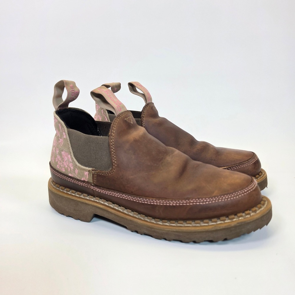 Georgia Giant Romeo slip-on boots Womens 8 Brown Leather Floral Chelsea Workwear